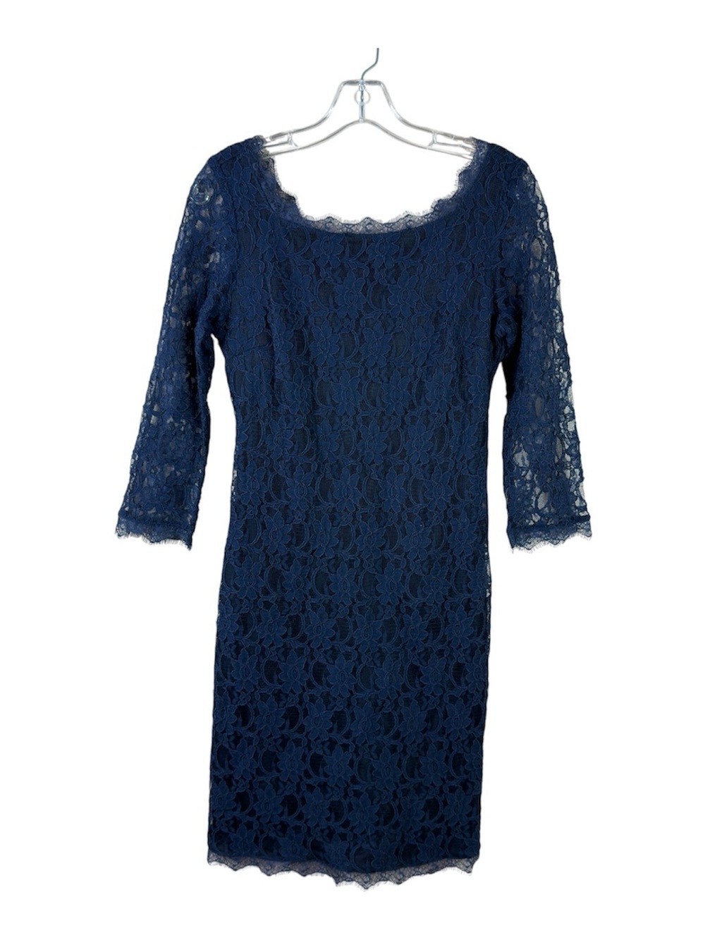 Joseph Ribkoff womens size 8 navy blue lace 3/4 sleeve sheath cocktail dress